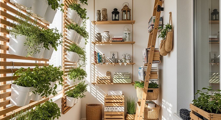 Varanda estreita com horta vertical, prateleiras e decoração organizada em estrutura de madeira.