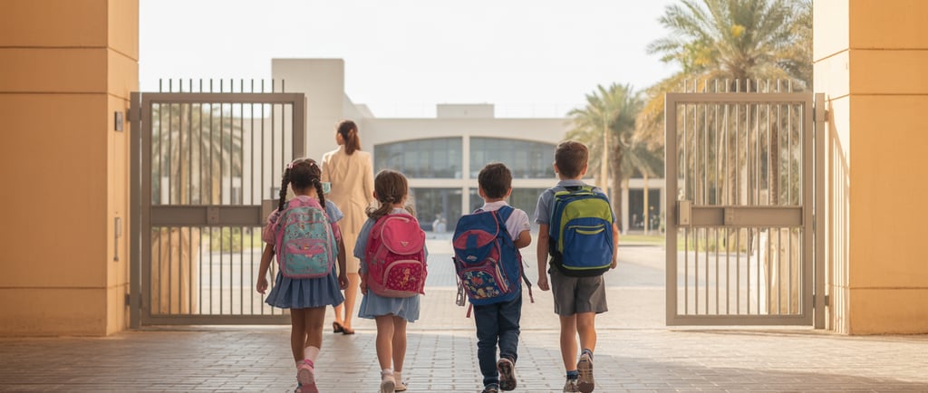 Back-to-school in the UAE: children entering a school gate with backpacks.