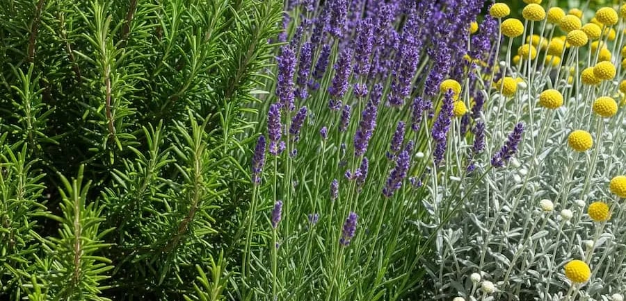 Bordura de jardín con plantas aromáticas como Romero, Lavanda y Santolina.