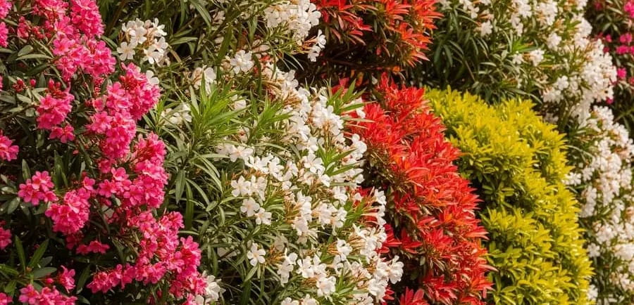 Seto alto y florido con flores de color rosa y blanco en un jardín de verano.