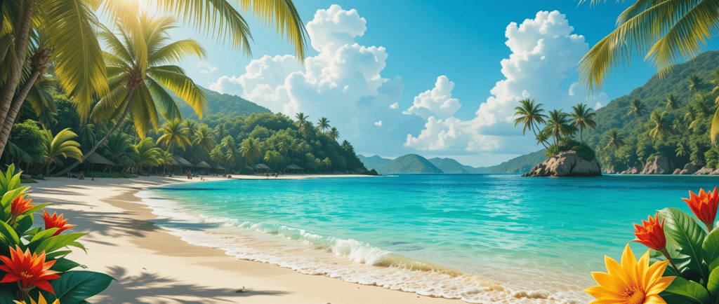 a beach scene with a tropical island in the background