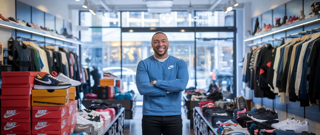 Confident Albany, New York small business owner standing in a modern clothing store after securing a