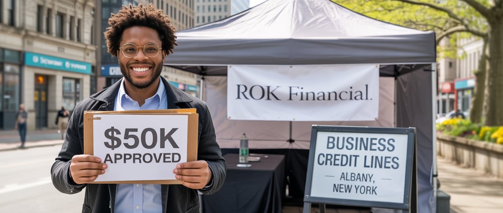 Albany, New York startup founder standing outside holding a folder labeled “$50K Approved,” with a R