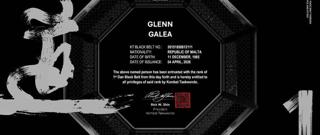 Official Kombat Taekwondo 1st Dan Black Belt certificate for Glenn Galea from the Republic of Malta.