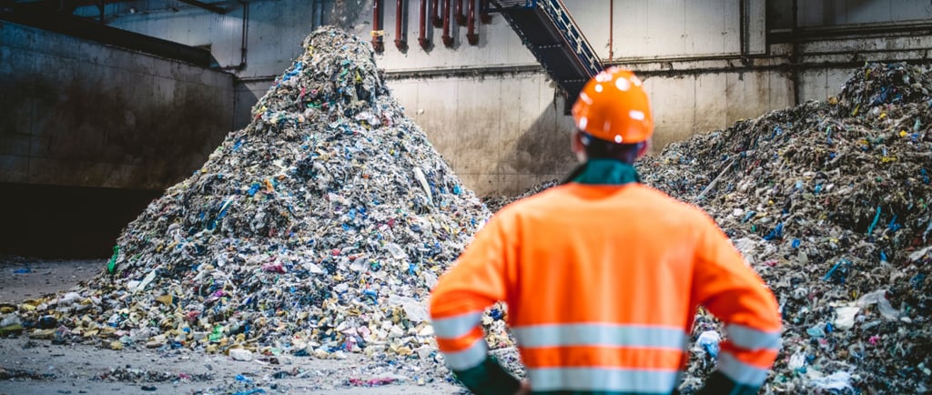 a man in a safety vest standing in front of a pile of garbage