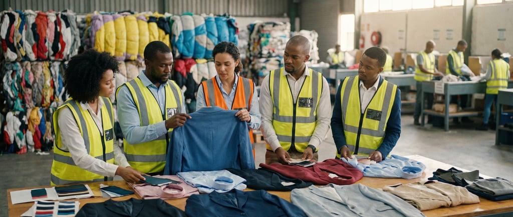 Textile recycling workers in safety vests inspect sorted clothing at a garment processing facility.