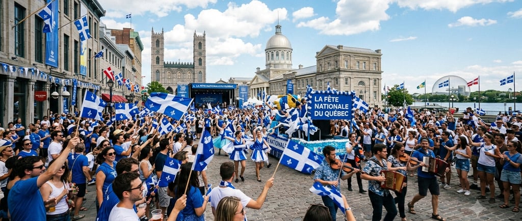 Crowds celebrate La Fête nationale du Québec parade with blue flags and music in Old Montreal.