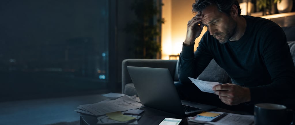 Person facing laptop with urgent notifications, documents and growing tension, symbolizing fear, risk and delayed reaction.