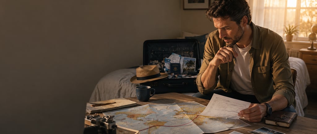 Traveler reviewing travel documents and map connected to potential health risks after returning home.