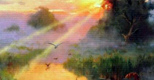 Sunlit marshland with birds flying over water, surrounded by trees and glowing rays of light.