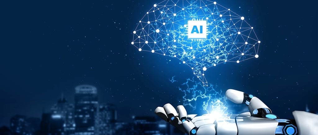 a robot hand holding a lit up brain brain