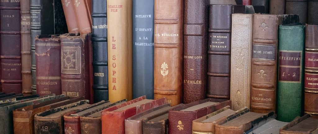 a bunch of books on a shelf in a bookcase