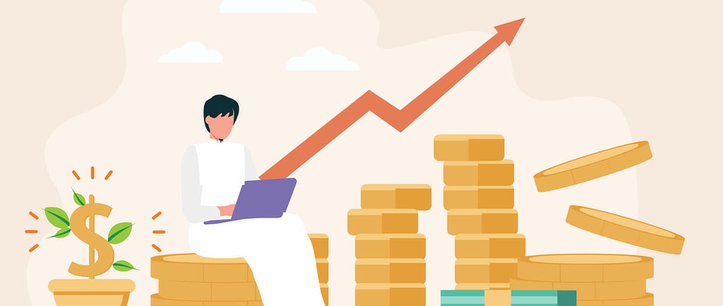 a man sitting on a pile of coins and a laptop