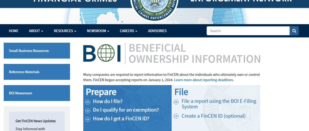 screenshot of financial crimes enforcement network beneficial ownership information webpage
