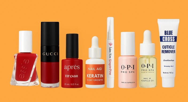 Eight trending nail care products displayed on pumpkin orange background.