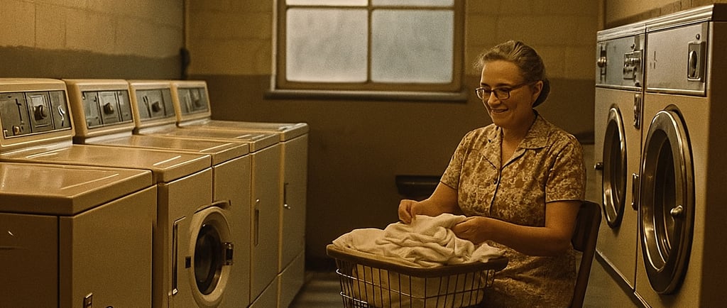 a woman in a laundry room with a basket basket