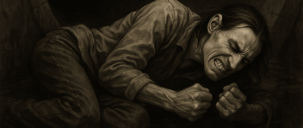 Man with teeth clenched like fists