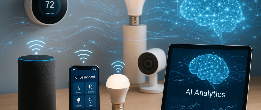 Representação de IA e Internet das Coisas conectando dispositivos inteligentes.