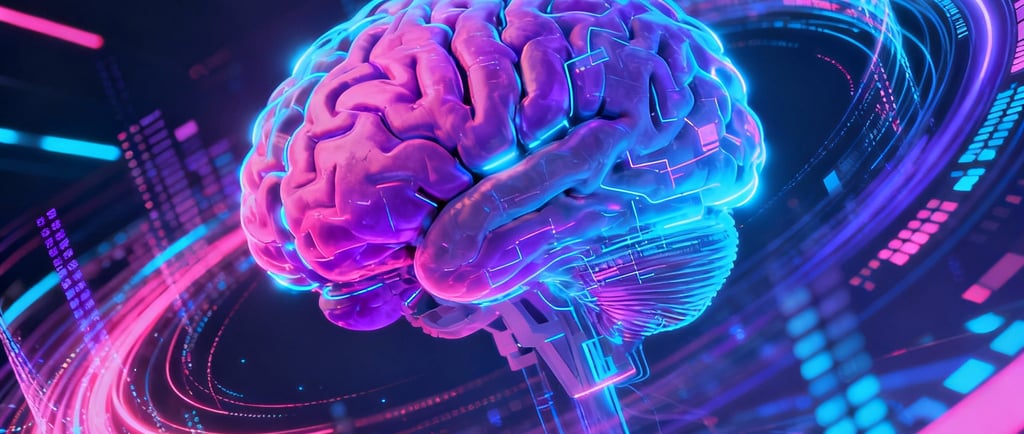 IA générative, cerveau numérique, lumières vives.
