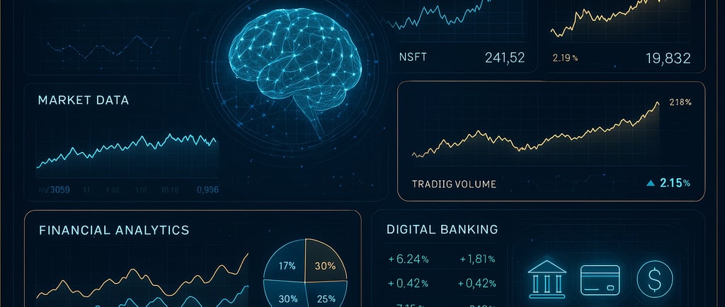 Cérebro digital com mapa neural, simbolizando IA no setor financeiro.