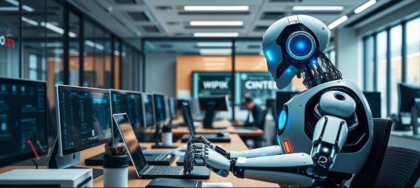 People working alongside artificial intelligence tools in a modern office setting.