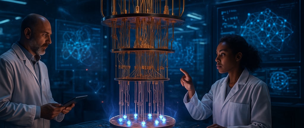 a man and woman in lab coats standing in front of a large display of electronic