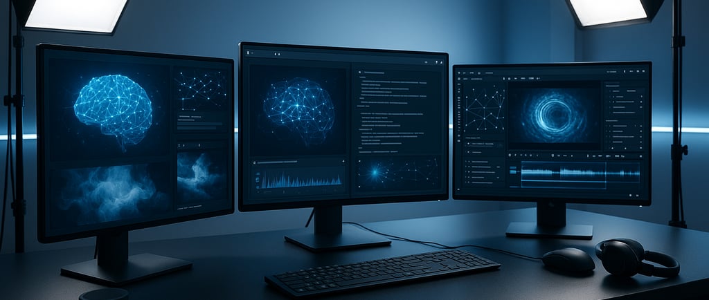 "Três monitores exibindo ecrãs de computador com teclado, simbolizando criação de conteúdo com IA.