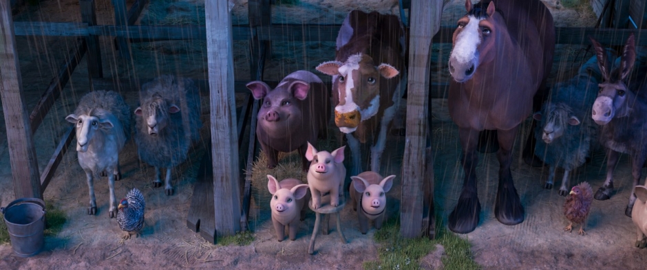 Image of animals in a pen looking up at viewer.