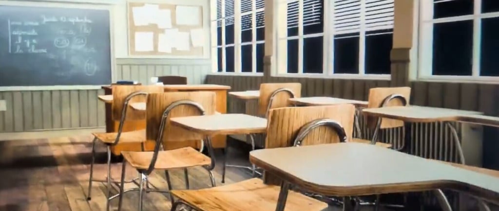 A screenshot of the demanding Blender classroom scene running the realtime DLSS denoiser