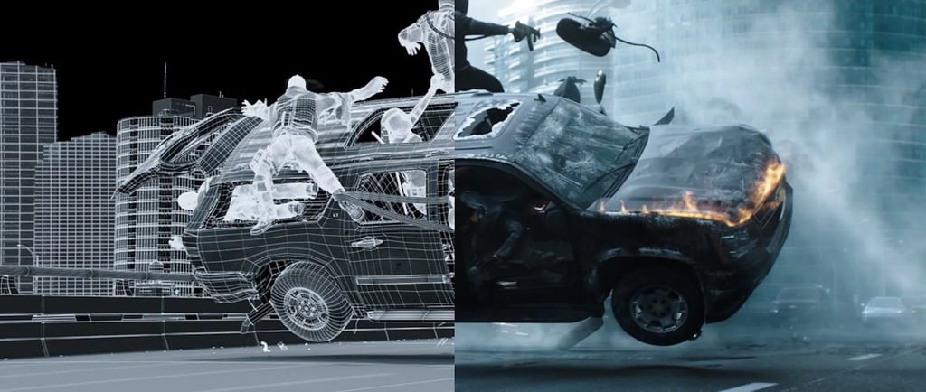 VFX Image of a wrecked SUV.