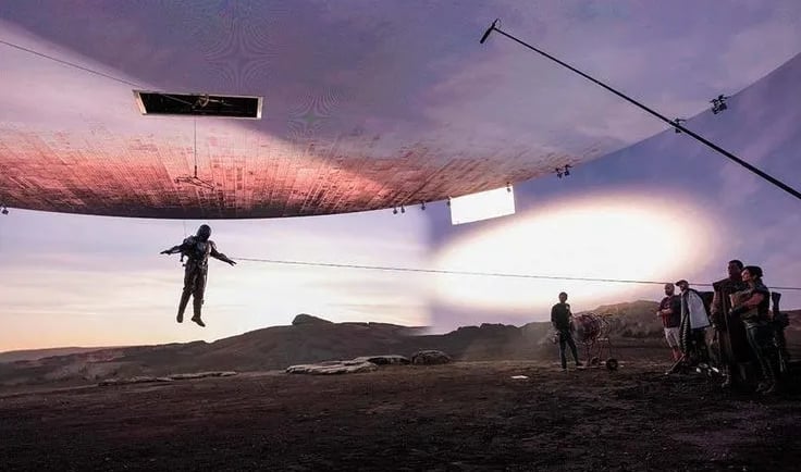 The Mandalorian in the air during production of the tv show in a LED Vol studio.