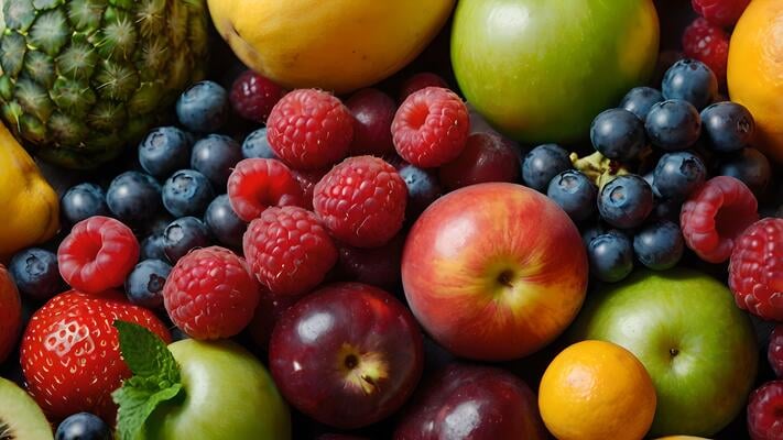 a bunch of fruit and vegetables on a table as synonym for healthy life
