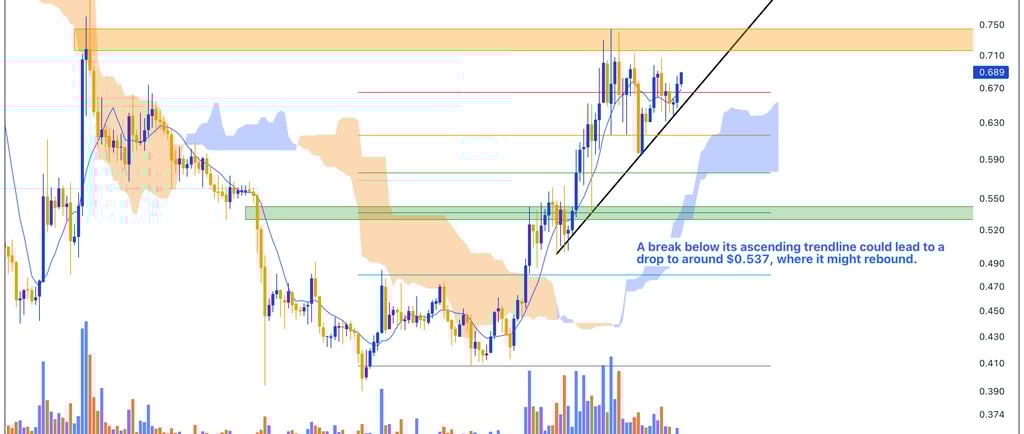 FLOW daily chart showing significant growth, encountering resistance. Positive trendline indicates o