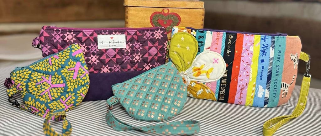 Handmade tote bags, quilt, key chains, bitsy bags, backpacks