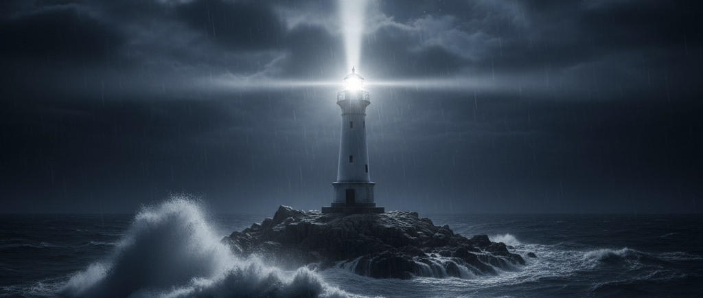 荒波が打つ夜の海辺に立ち、暗闇を明るく照らし出す一本の灯台の風景