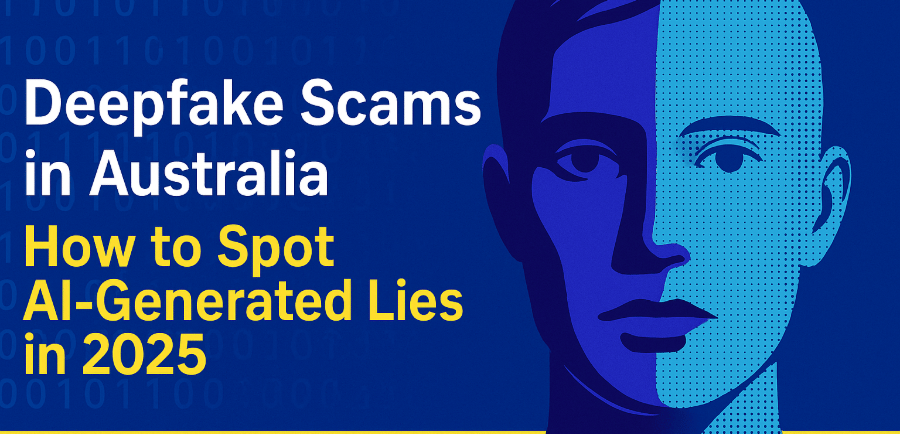 "Illustration highlighting deepfake scams in Australia with warning signs and AI-generated content r