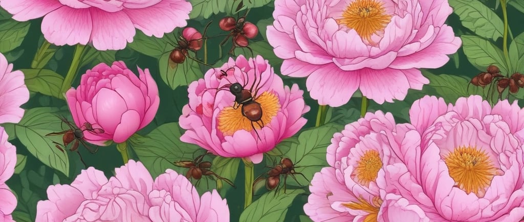peony flowers with ants all over them
