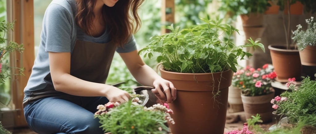woman clipping flowers in a flower container