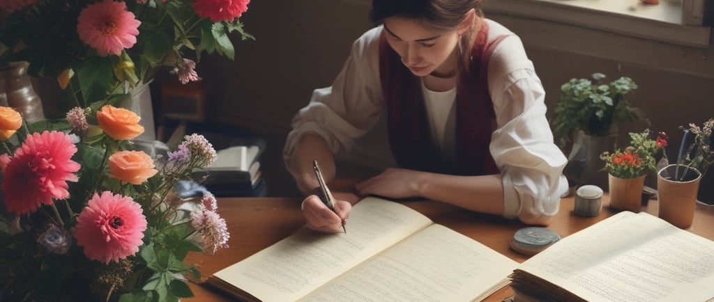 woman sat at desk writing in book