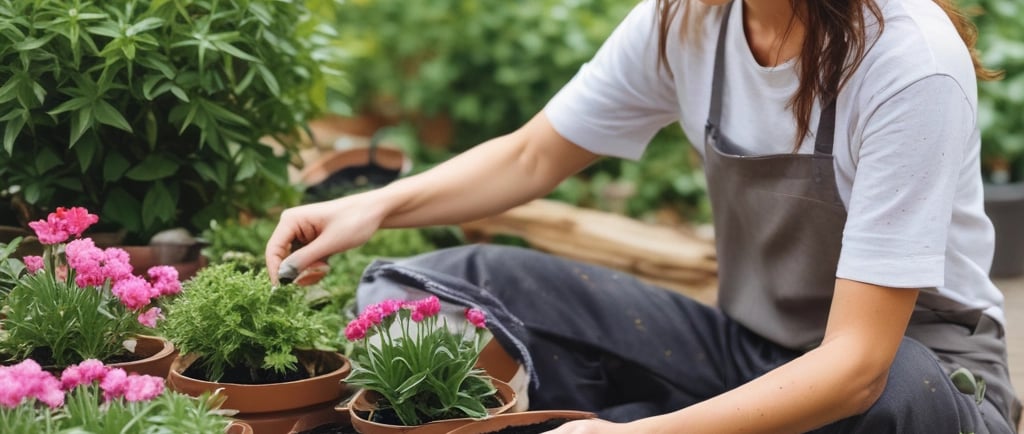 woman caring for small flowers in container