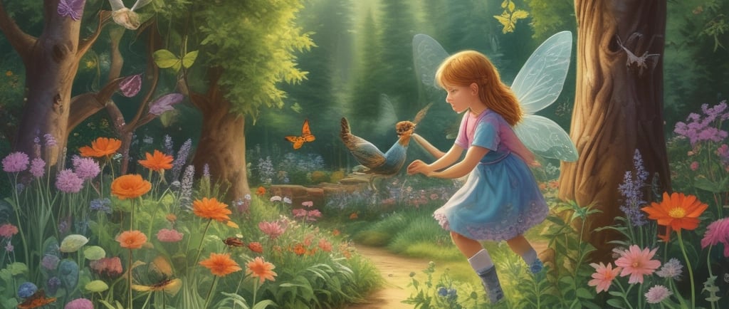 magical flower garden with girl and fairies