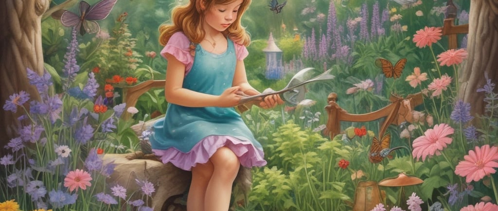 young girl sat down in fairy flower garden