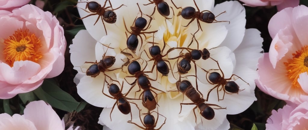 many dead ants lying on their backs near some peony flowers