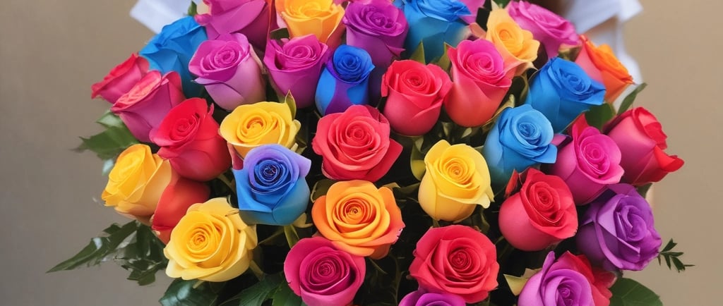 rainbow roses being presented by woman