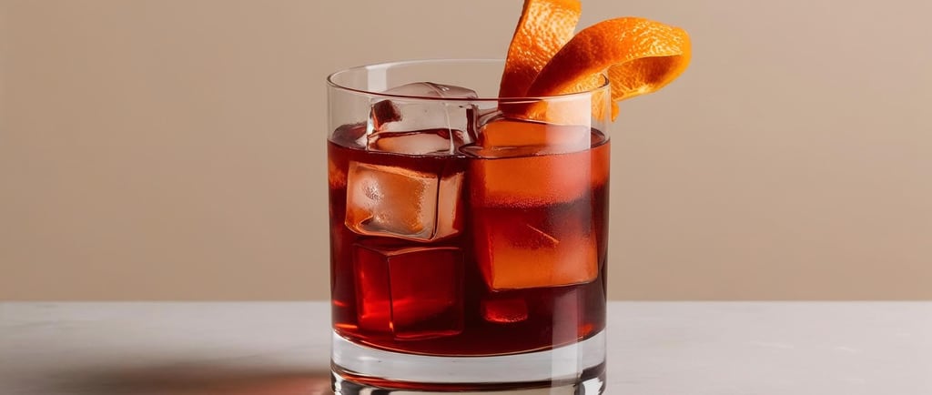 A negroni cocktail on the rocks in a whiskey glass, served with an orange twist.