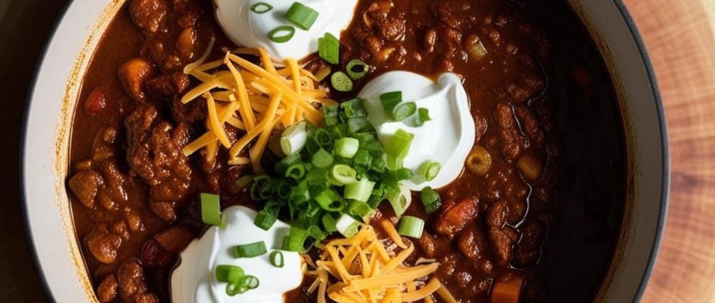 A pot of beef chili garnished with cheese, sour cream, and green onions