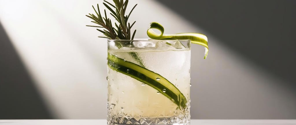 A refreshing drink garnished with a cucumber ribon and springs of rosemary.
