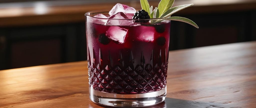 Purple blackberry drink with sage on a wooden bar table