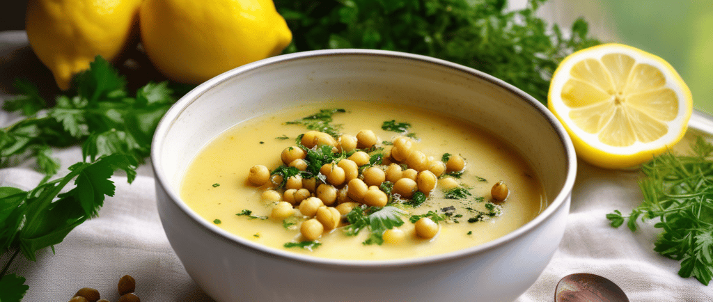 A bowl of Ikarian chickpea and lemon soup garnished with parsley 