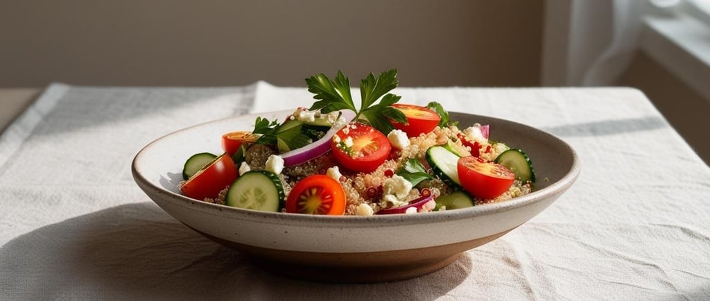 Quinoa salad with red onions, parsley, cherry tomatoes, cucumbers, and feta cheese.